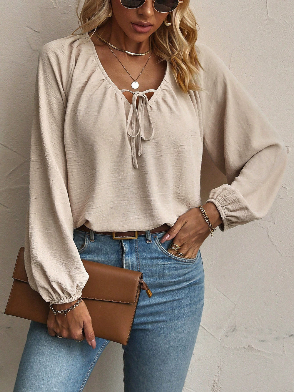 ZARA Raglan Sleeve Front Tie Small Collar Casual Loose Fit Long Sleeve Shirt - Picture 5 of 6